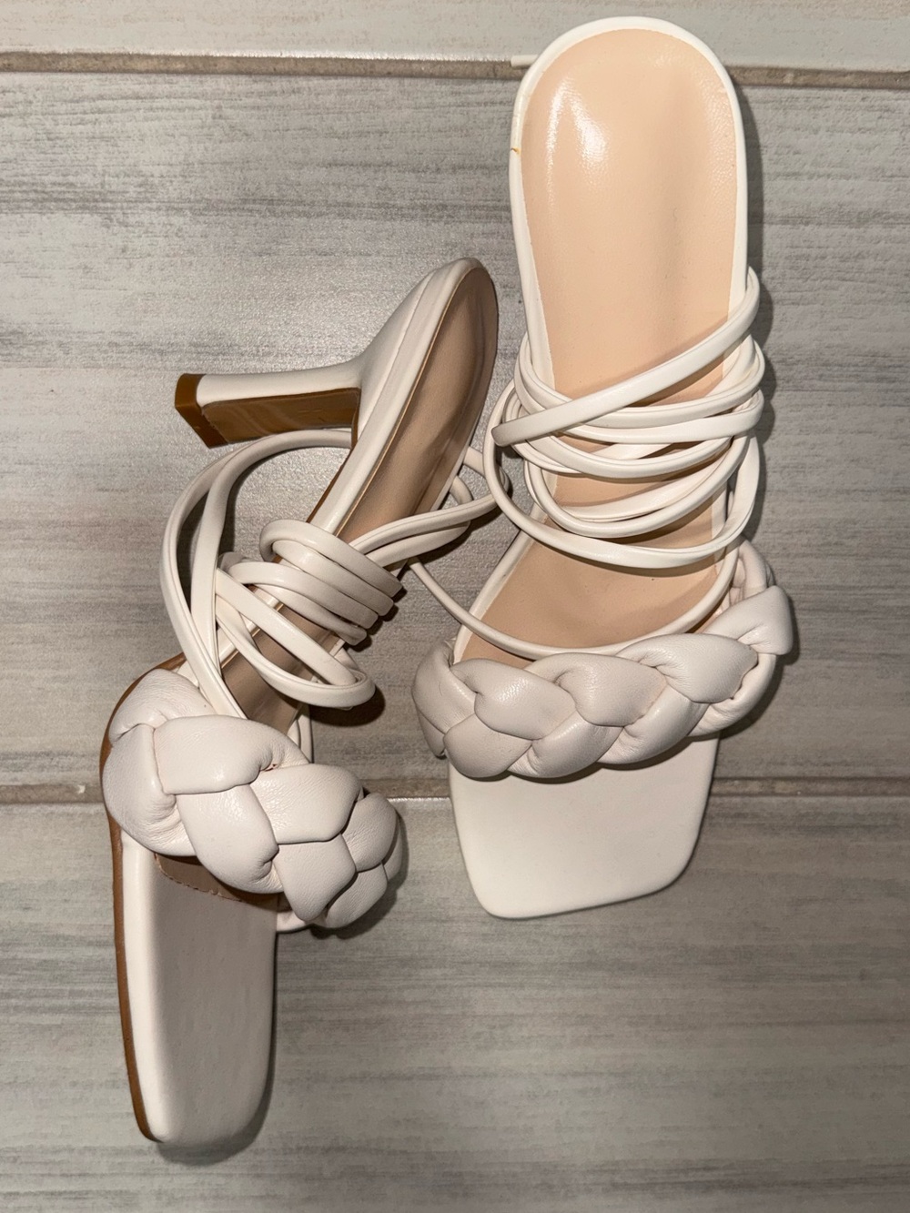Women's Beige Cream Braided Strap Lace-Up Sandals Kitten Heels
